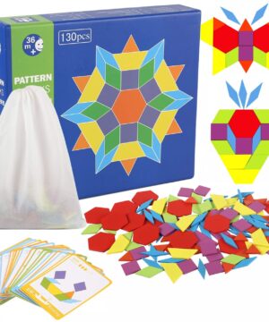 Joc educativ - Tangram din lemn cu 130 piese geometrice multicolore, Mattelot Business