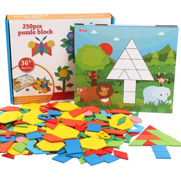 Joc educativ - Tangram din lemn cu 250 piese geometrice multicolore si cifre, Mattelot Toys
