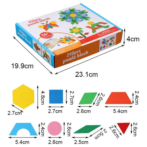 Joc educativ - Tangram din lemn cu 250 piese geometrice multicolore si cifre, Mattelot Toys