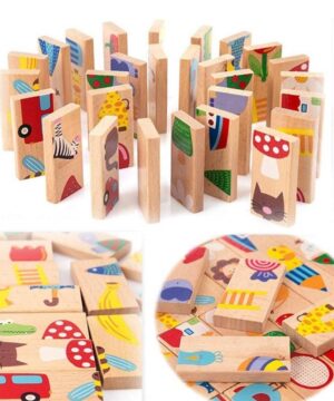 Joc educativ domino/puzzle din lemn cu fructe, animale si obiecte, 28 piese
