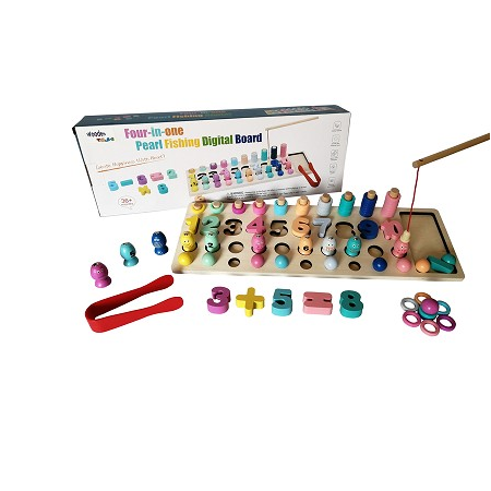 Joc educativ Montessori din lemn, 4 in 1, sortator culori, cifre, forme si joc de pescuit cu magnet