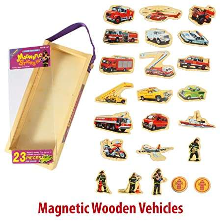 Puzzle magnetic din lemn pentru copii, masini de pompieri, 23 de piese