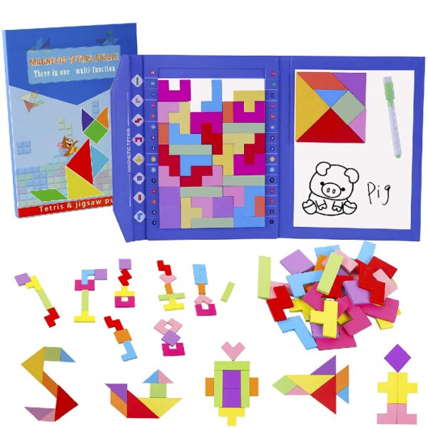 Joc educativ multifunctional 3 in 1, tangram magnetic din lemn, tetris, puzzle, Mattelot Toys