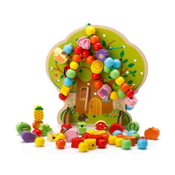 Joc educativ, Copac de snuruit fructe si animale, 102 piese din lemn, Mattelot Toys