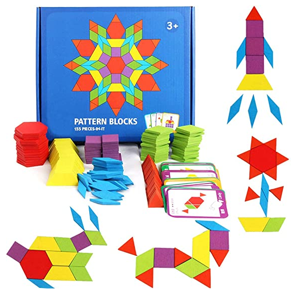 Joc educativ, Tangram din lemn, Joc asiatic cu 155 piese geometrice multicolore