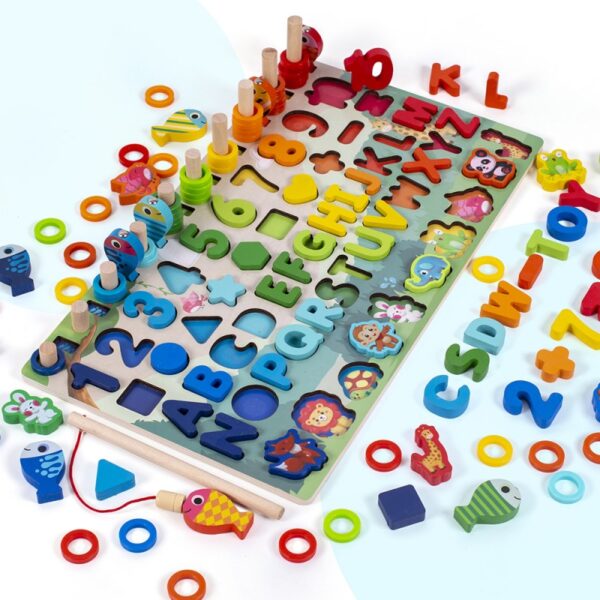 Joc educativ tip Montessori din lemn, sortator de culori, cifre, litere, animale, masini si joc de pescuit cu magnet , + 3 ani