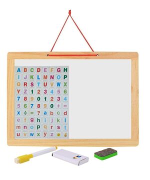 Set tablita magnetica de scris si desenat cu doua fete din lemn + set cifre si litere magnetice