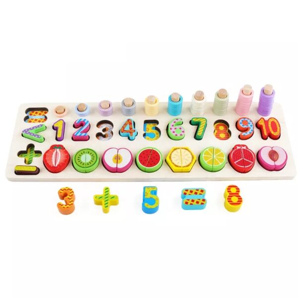 Joc educativ tip Montessori din lemn, 3 in 1, sortator de culori, cifre si fructe pentru feliat , + 3 ani