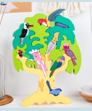 Jucarie educativa din lemn tip Montessori pentru educatie timpurie, stivuire 3D, pasari in copac, + 3 ani