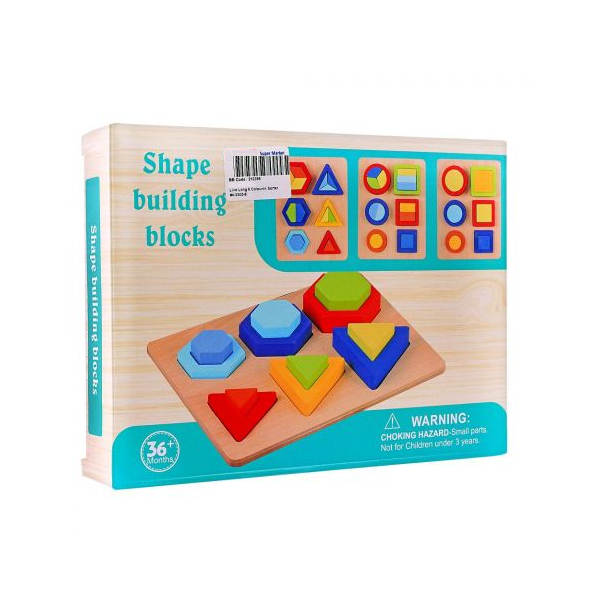 Puzzle din lemn cu 6 spatii incastrate si 12 forme geometrice multicolore, + 3 ani