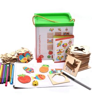 Set jocuri educative tip Montessori, 52 sabloane din lemn cu accesorii pentru desenat si colorat, + 3 ani